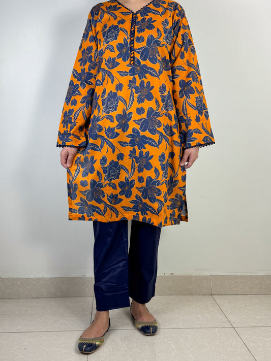 Orange Blue Floral - Stitched 2 Piece - Lawn